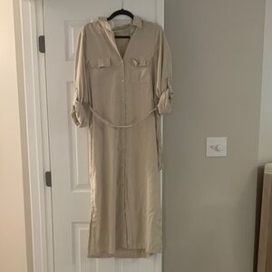Max studio Beige belted Button-Up Shirt Dress (small flaw)